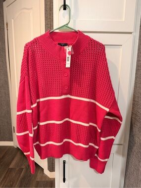 Womens Tahari Hot Pink Knit Button-Front Sweater with White Stripes